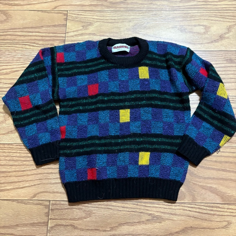Kids Multicolor Checker Knit Sweater - Blue with Red & Yellow Accents